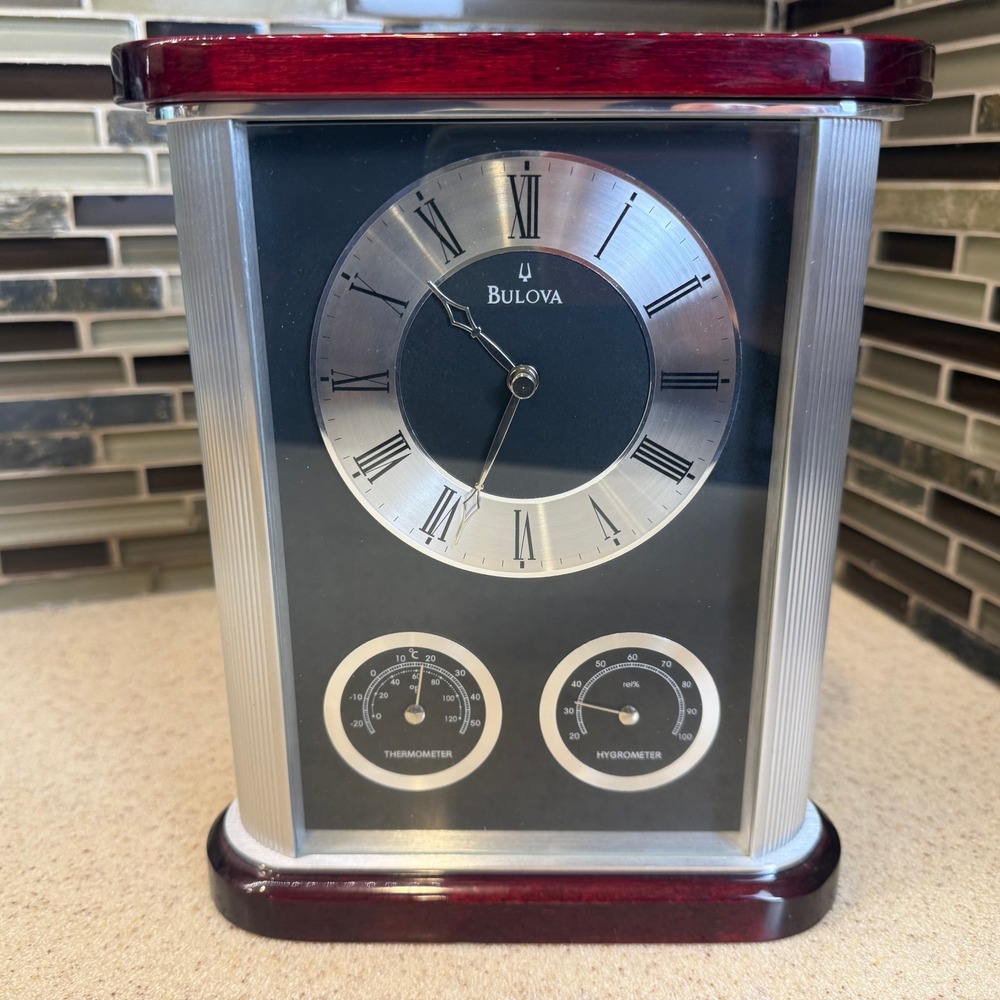 Bulova Belvedere Executive Desk/Mantel Clock B759‎ With Thermometer & Hygrometer